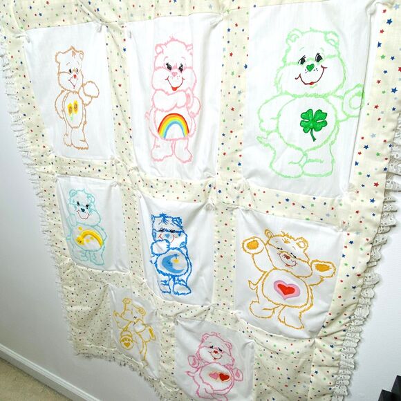 VTG Handmade Off White Care Bear Lace Quilt Blanket Double Sided Kids 29"x52" - Picture 8 of 9